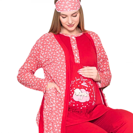 Compleu maternitate, 4 piese, Pijama+ Halat gravide, Baby, True Red, maneca lunga,BebePrice [3]