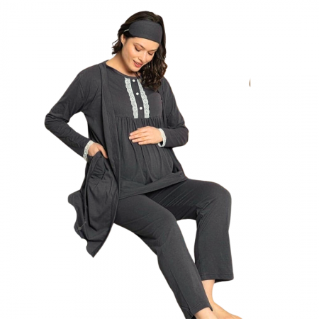 Compleu maternitate, 4 piese, Pijama+ Halat gravide, Sella, Soft Black, maneca lunga, BebePrice [3]