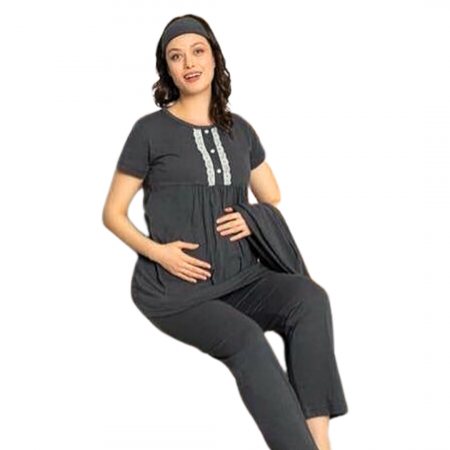 Compleu maternitate, 4 piese, Pijama+ Halat gravide, Sella, Soft Black, maneca lunga, BebePrice [2]
