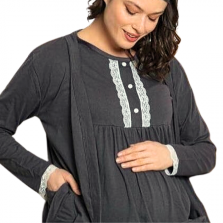 Compleu maternitate, 4 piese, Pijama+ Halat gravide, Sella, Soft Black, maneca lunga, BebePrice [4]