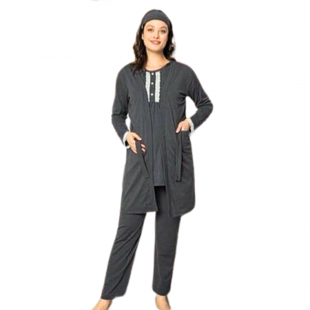 Compleu maternitate, 4 piese, Pijama+ Halat gravide, Sella, Soft Black, maneca lunga, BebePrice [0]