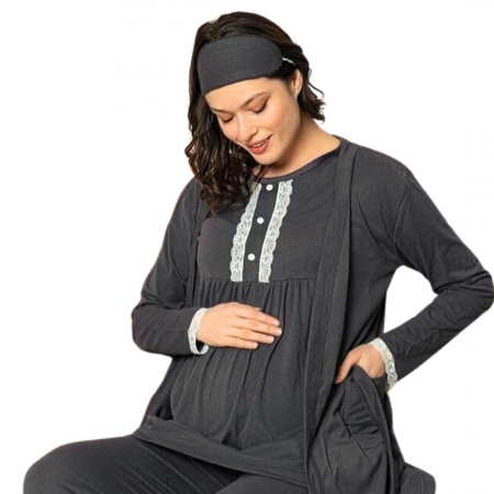 Compleu maternitate, 4 piese, Pijama+ Halat gravide, Sella, Soft Black, maneca lunga, BebePrice [1]