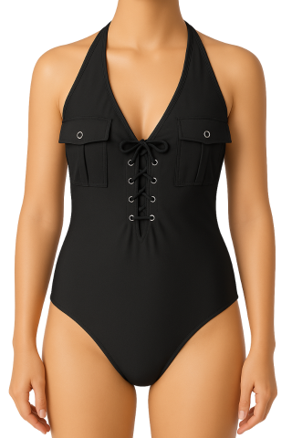 Costume de baie - Costum de baie intreg cu snururi in fata, Army, Dark-Grey, BebePrice