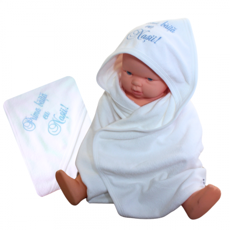 Prosop de baie cu gluga din bumbac, 85x85cm, Blue- Prima baita cu nasii, BebePrice [0]