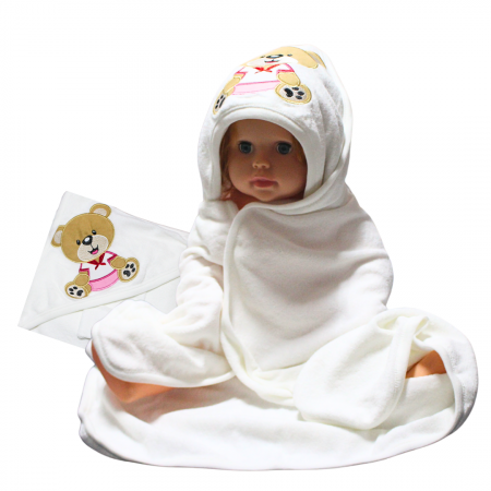 Prosop de baie cu gluga din bumbac, Bear, Pink 85x90cm, BebePrice [0]