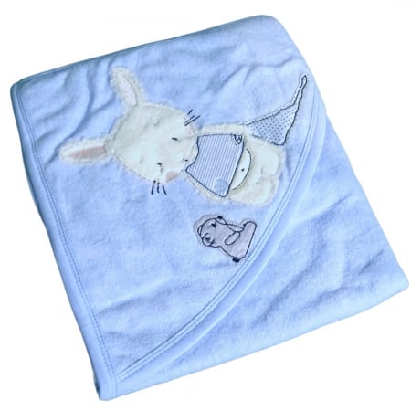 Prosop de baie cu gluga din bumbac , Funny animals, Rabbit and mouse, Albastru [1]