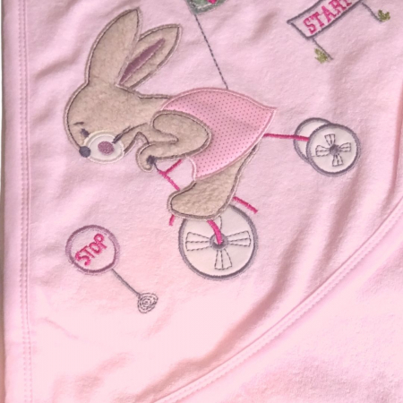 Prosop de baie cu gluga din bumbac , Funny animals, Rabbit on bike, Roz [3]