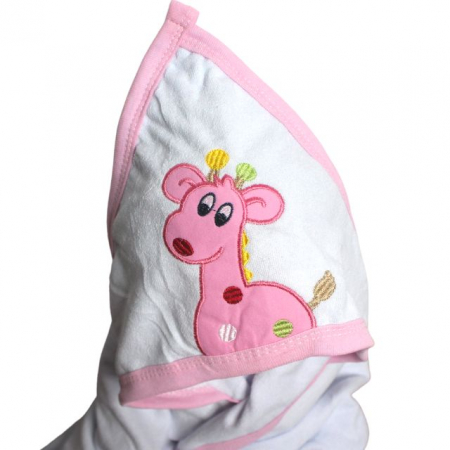 Prosop de baie cu gluga din bumbac, Giraffe, White Pink [3]