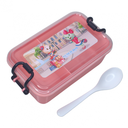 Set cutie alimente cu lingura, dreptunghiular, cu capac transparent, Pretty Animals, Pink, BebePrice [1]