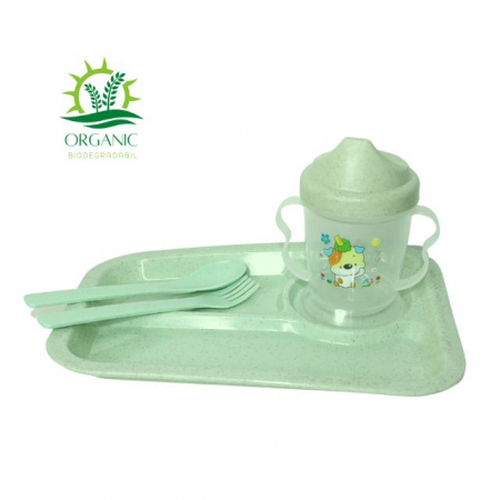 Alimentatie bebe & Accesorii hranire - Set hranire bebe, dreptunghiular, din material organic, Puppy, Green- 3 piese