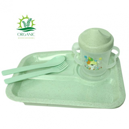 Set hranire bebe, dreptunghiular, din material organic, Puppy, Green- 3 piese [4]