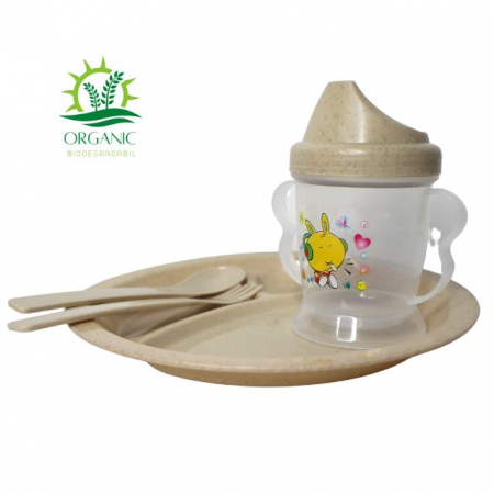 Alimentatie bebe & Accesorii hranire - Set hranire bebe, rotund, din material organic, Rabbit, Light Brown - 3 piese