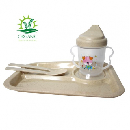 Alimentatie bebe & Accesorii hranire - Set hranire bebe, rotund, din material organic, Puppy, Light Brown - 3 piese