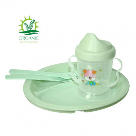 Alimentatie bebe & Accesorii hranire - Set hranire bebe, rotund, din material organic, Puppy, Green- 3 piese