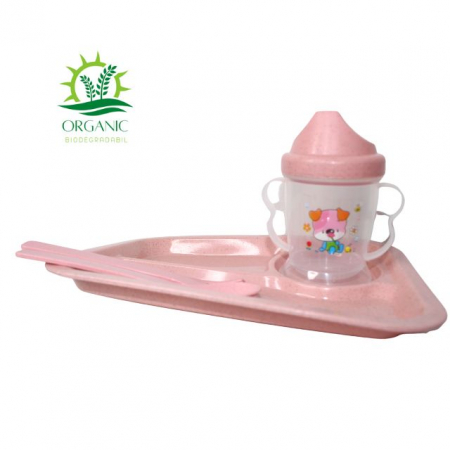 Set hranire bebe, dreptunghiular, din material organic, Puppy, Powder Pink- 3 piese [4]