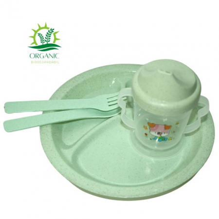 Set hranire bebe, rotund, din material organic, Puppy, Green- 3 piese [4]