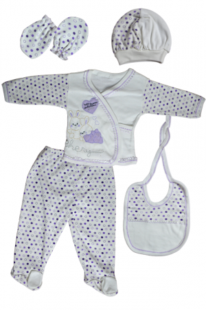 Set maternitate bumbac nou-nascut (0-3 luni), Bebelax, Rabbits, white-purple- 5 piese [1]