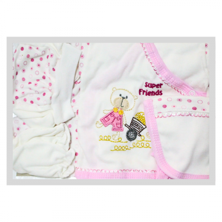 Set maternitate bumbac nou-nascut (0-3 luni), Daisymini, Super Friends, white-pink- 5 piese [0]
