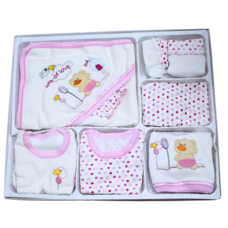 Set maternitate bumbac antialergic, nou-nascut (0-3 luni), Bear, white-pink - 11 piese, BebePrice [0]