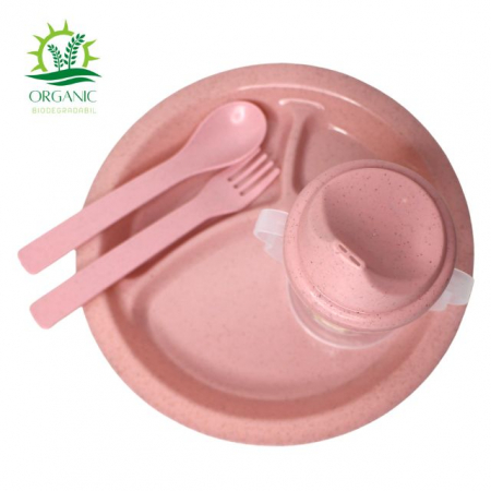 Set hranire bebe, rotund, din material organic, Rabbits, Powder Pink- 3 piese [1]