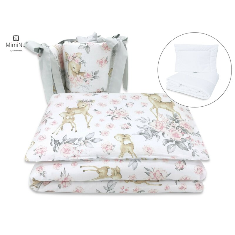 Lenjerii patut 120 x 60 cm - Set lenjerie patut 5 piese cu pilota si perna din bumbac Sweet Deer Pink - MimiNu