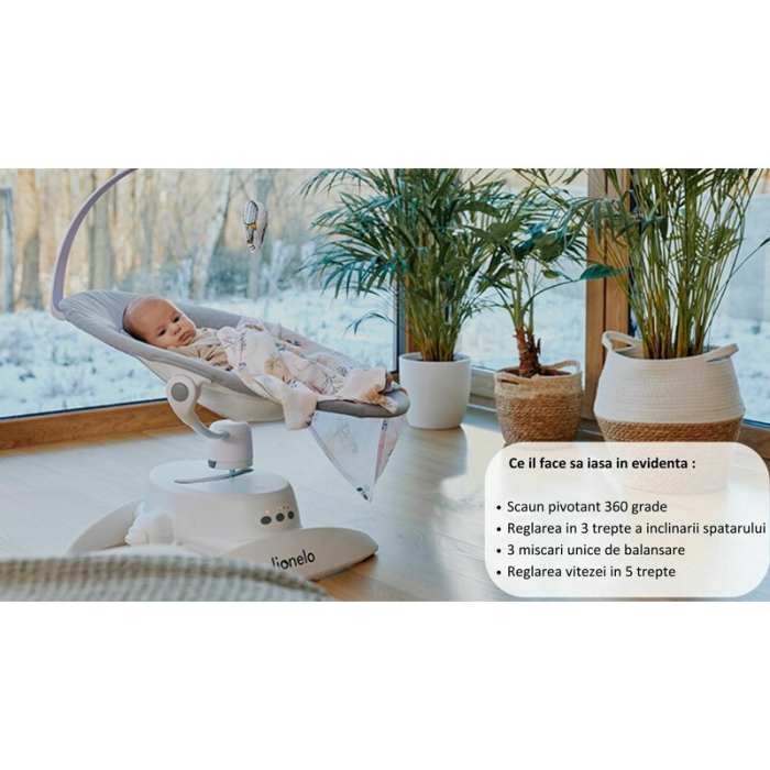 Balansoar, Lionelo, Iris, 2 in 1, Rotire 360 grade, Electric, cu 3 moduri de leganare, cu 5 trepte de viteza, cu 3 pozitii de inclinare, 12 melodii, Silentios, Pana la 9 kg, Bej [32]