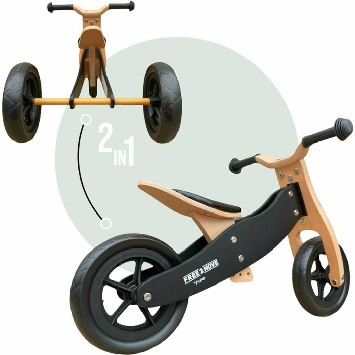 Bicicleta/tricicleta fara pedale, Free2Move, din lemn, 2 in 1, Functie de bicicleta echilibru, Sa reglabila, Manere antiderapante, Roti ajustabile, 18 luni - 3 ani, Brown White [4]