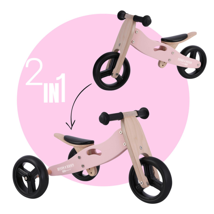 Bicicleta/tricicleta fara pedale, Free2Move, din lemn, 2 in 1, Functie de bicicleta echilibru, Scaun reglabil, Roti ajustabile, Manere antiderapante, Varsta 1-3 ani, Dusty Pink [2]