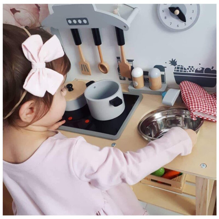 Bucatarie copii, Joueco, din lemn certificat FSC, cu accesorii, Reglabila pe inaltime, 86x56 cm, 3 ani+, Multicolor [11]