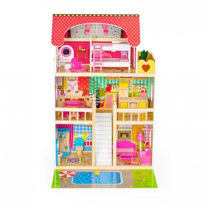 Casuta de papusi inalta din lemn cu mobilier si piscina, Ecotoys W06A333E [3]