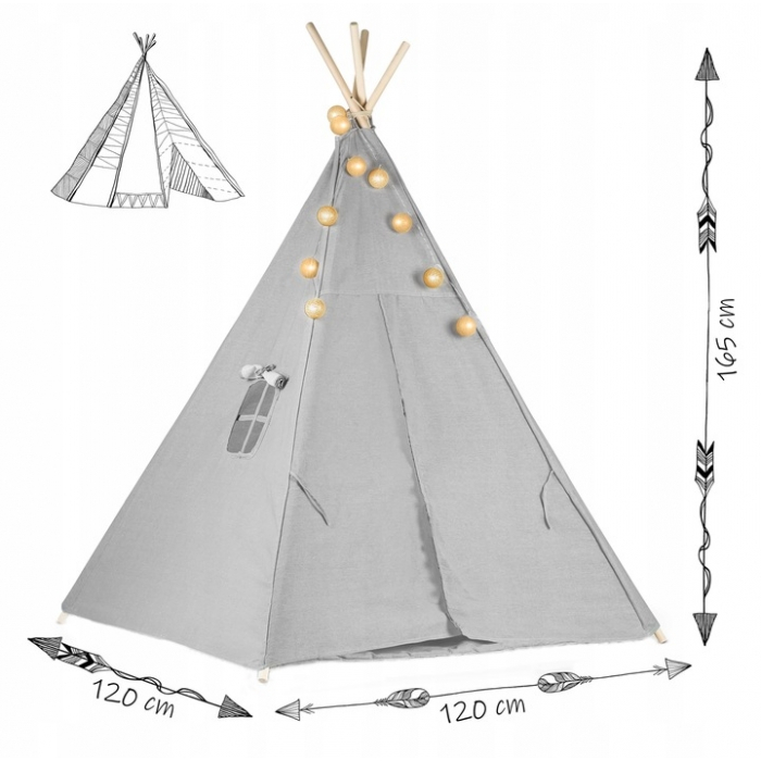 Cort de joaca pentru copii cu ghirlanda, lumini si 3 pernite Nukido 120 x 120 x 165 cm - Gri [10]