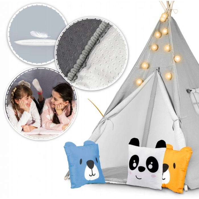 Cort de joaca pentru copii cu ghirlanda, lumini si 3 pernite Nukido 120 x 120 x 165 cm - Gri [2]