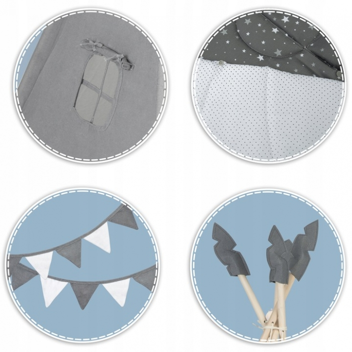 Cort de joaca pentru copii cu ghirlanda, salteluta si 3 pernite Nukido 116 x 116 x 165 cm - Gri [5]