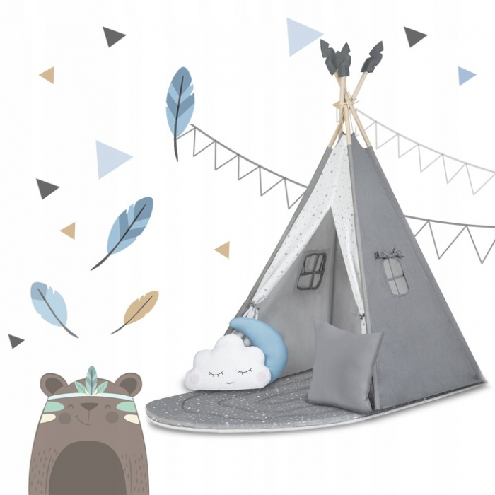Cort de joaca pentru copii cu ghirlanda, salteluta si 3 pernite Nukido 116 x 116 x 165 cm - Gri [8]