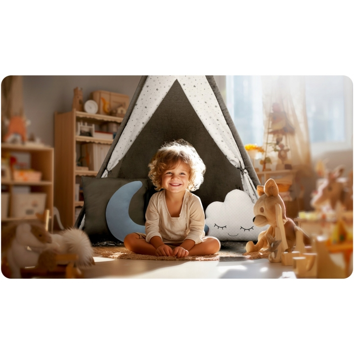 Cort de joaca pentru copii cu ghirlanda, salteluta si 3 pernite Nukido 116 x 116 x 165 cm - Gri [2]