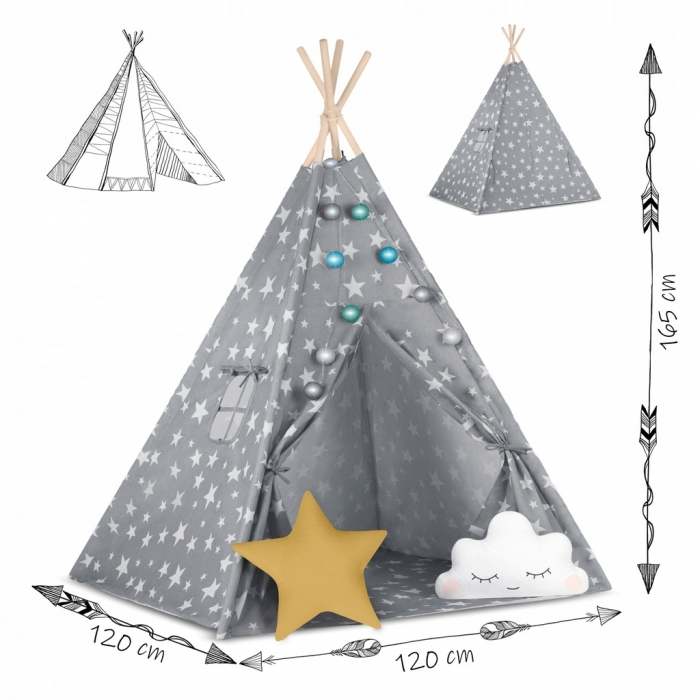 Cort de joaca pentru copii cu lumini si 2 pernite Nukido 120 x 120 x 165 cm - Gri cu stelute  [7]
