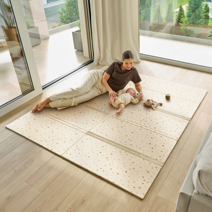 Covoras educativ, Lionelo, Zora, Din spuma XPE non-toxica, Cu doua fete, Suprafata antiderapanta, Dimensiune mare, 180x200 cm, Grosime 1.5 cm, Pliabil, Include geanta pentru transport, Bej [12]