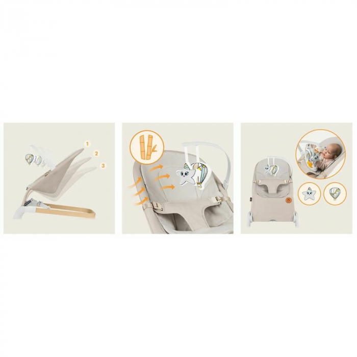 Fotoliu balansoar Lionelo Lilac cu arcada cu jucarii Ergonomic Reglare spatar in 3 pozitii Pernuta moale invelita in tesatura de bambus Pliabil 0-6 luni Bej [19]