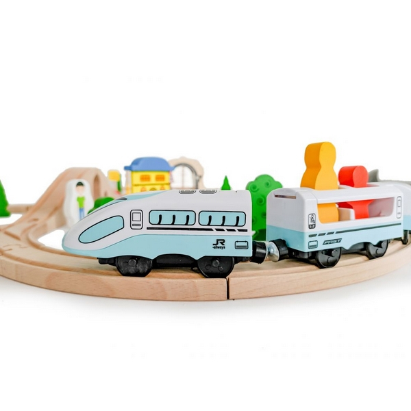 Jucarie cale ferata din lemn cu tren cu baterii Ecotoys HM015147, 69 elemente, multicolor [5]