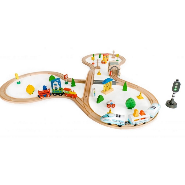 Jucarie cale ferata din lemn cu tren cu baterii Ecotoys HM015147, 69 elemente, multicolor [4]