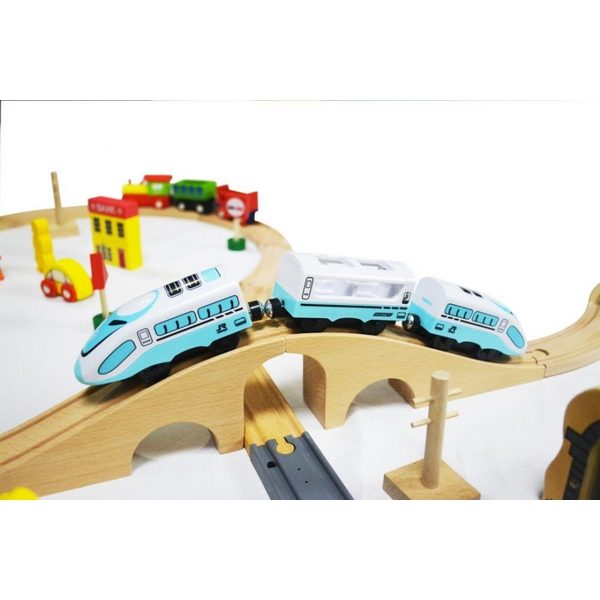 Jucarie cale ferata din lemn cu tren cu baterii Ecotoys HM015147, 69 elemente, multicolor [8]