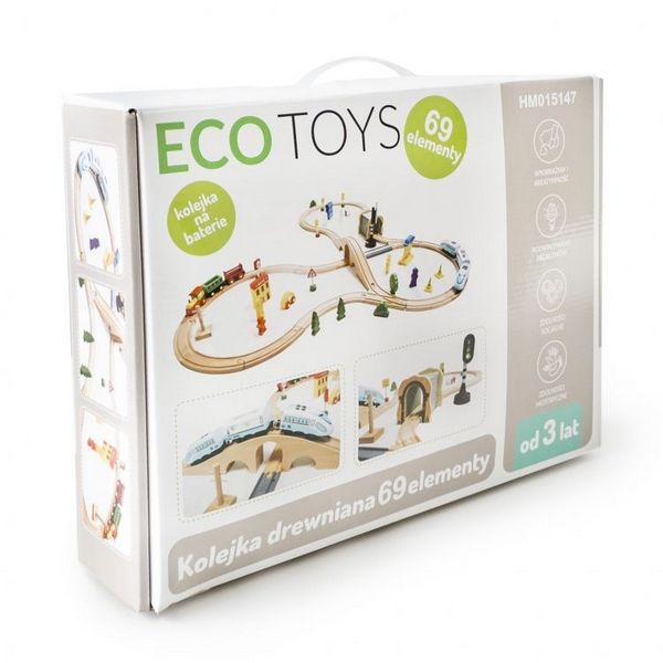 Jucarie cale ferata din lemn cu tren cu baterii Ecotoys HM015147, 69 elemente, multicolor [10]