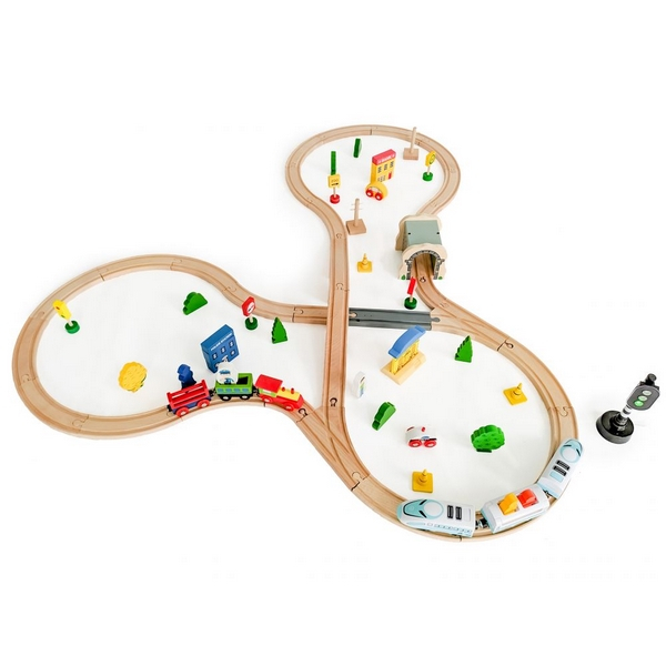 Jucarie cale ferata din lemn cu tren cu baterii Ecotoys HM015147, 69 elemente, multicolor [2]