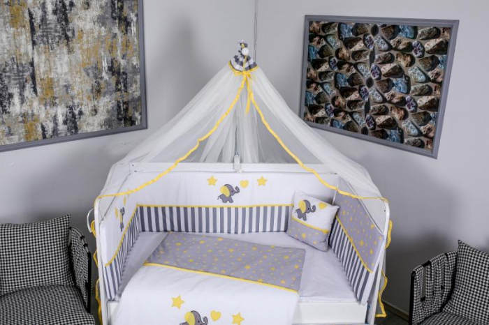 Lenjerie MyKids 9 piese Elephant gri-galben fara baldachin 120x60 cm [2]