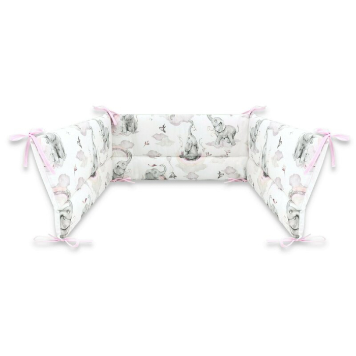 Lenjerie patut 3 piese, Qmini, pentru patut 120x60 cm, cu protectie laterala, din bumbac, Elephants on Rainbow Pink [4]