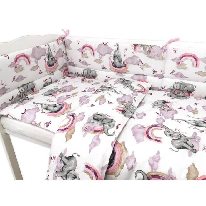Lenjerie patut 3 piese, Qmini, pentru patut 140x70 cm, cu protectie laterala, din bumbac, Elephants on Rainbow Pink [3]