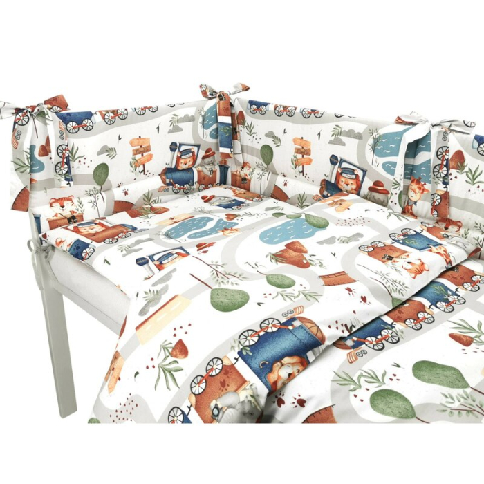 Lenjerie patut cu 3 piese, MimiNu, pentru patut 120x60 cm, cu protectie laterala, din bumbac, din bumbac, Zoo in train [3]