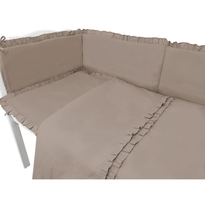 Lenjerie patut cu 3 piese, MimiNu, pentru patut 120x60 cm, cu volanase, cu protectie laterala, din bumbac, Colectia Royal, Mocha [2]