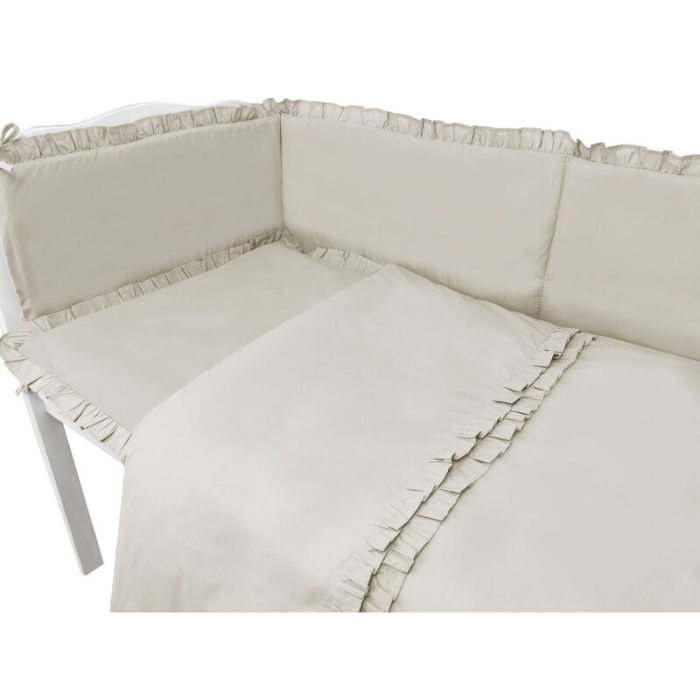 Lenjerie patut cu 4 piese, MimiNu, pentru patut 120x60 cm, cu doua protectii laterale, cu volanase, din bumbac, Colectia Royal, Beige [3]