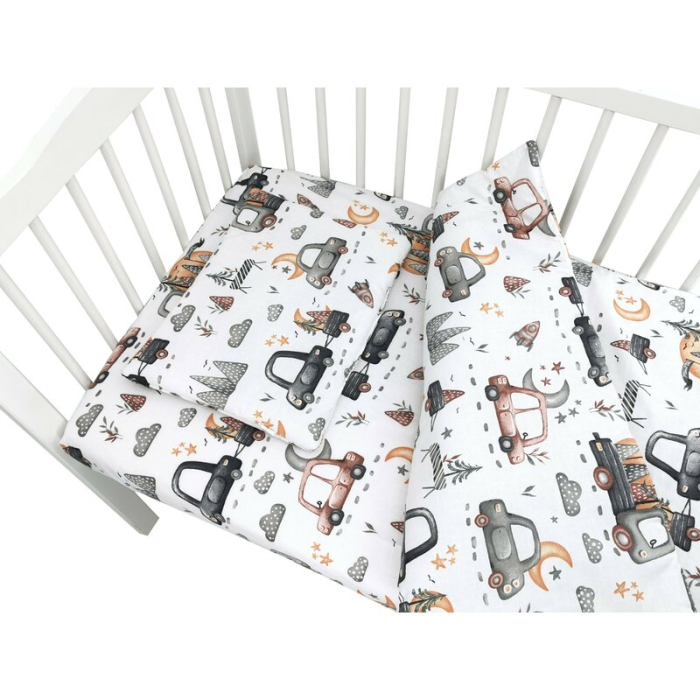 Lenjerie patut cu 5 piese, MimiNu, cu cearceaf 120x60 cm, Pilota, Pernuta, 2 aparatori, din bumbac, Cars Grey [4]